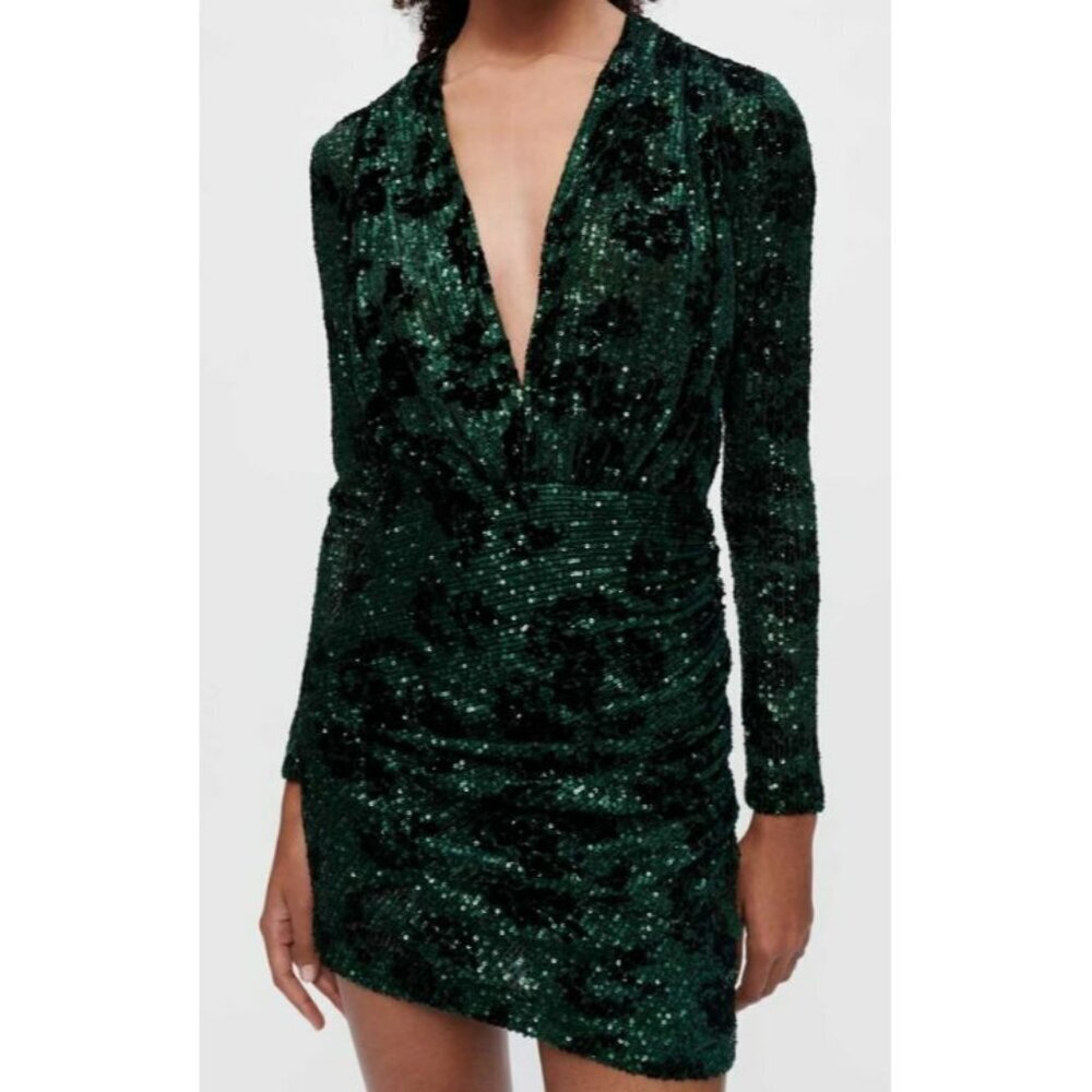 Maje $565 Green Sequin Embroidered Mini Dress Size 36 Small NWT
